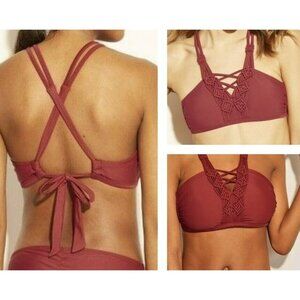 Macrame Bikini Top Size S Maroon Red Halter NEW Swimwear Ties Swim Xhilaration